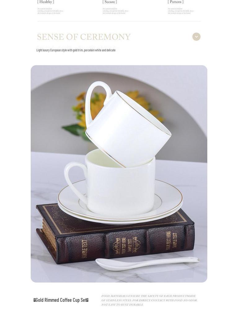 Luxurious Bone China Gold Rim Coffee Cup & Saucer Set - Pure White Ceramic English Style for Hotels and European Coffee Service