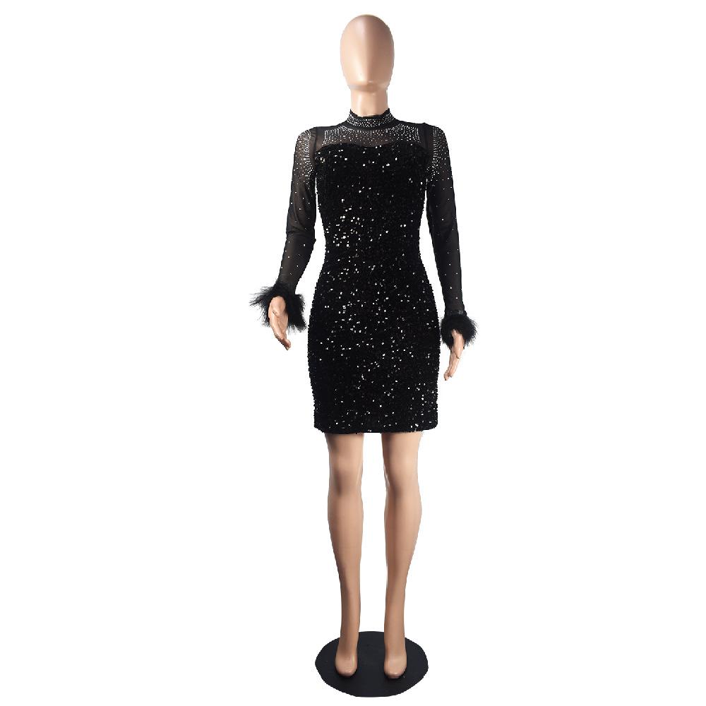 Hot Diamond Sequin Feather Skirt: European & American Long-Sleeved Party Dress