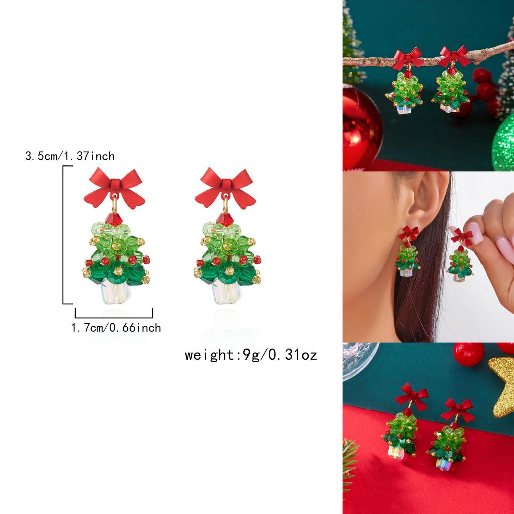 Christmas Tree Earrings Girls Alloy Red Bow Sparkling Jewelry With Holiday Style For Women
