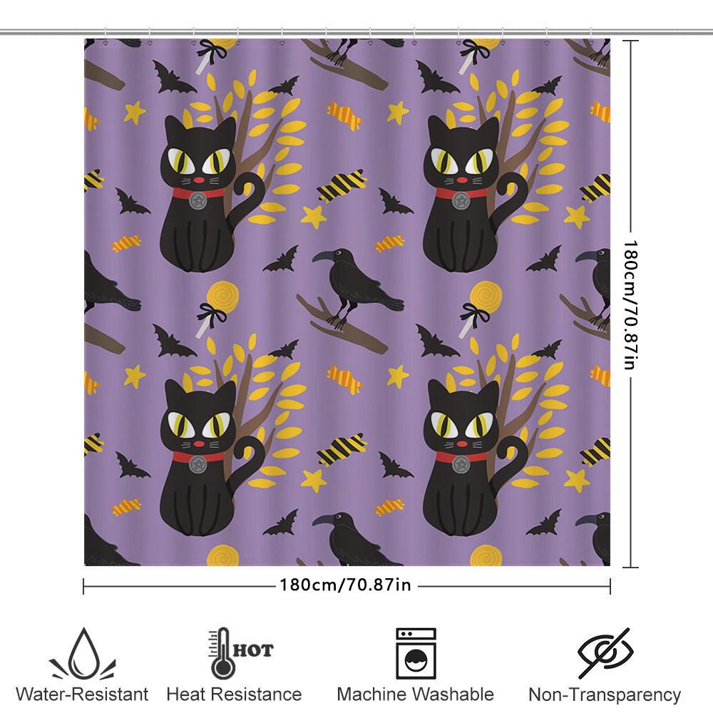 Halloween Cat Pattern Shower Curtain Purple Floral Design With Witch Hat Spider Web For Bat Bath Decor In Bathroom Accessories F