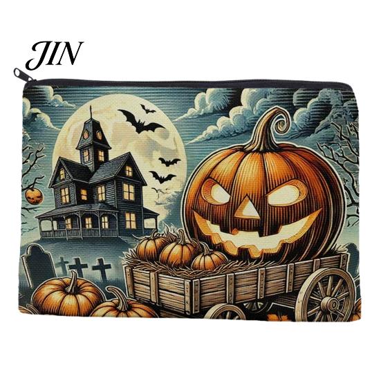 Small Toiletries Organizer Halloween Storage Bag, Large Capacity Cosmetic with Pumpkin Travel Pouch Castle Skull Print, Smooth Zipper Thickened Canvas