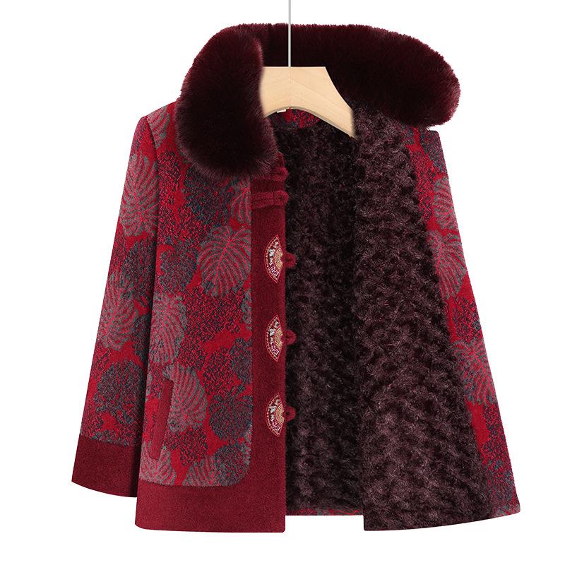 

Elegant Fleece-Lined Wool Coat for Middle-Aged & Elderly Women - Cozy, Thickened Winter Jacket for Moms 2XL (105-120 jin recommended) червоний