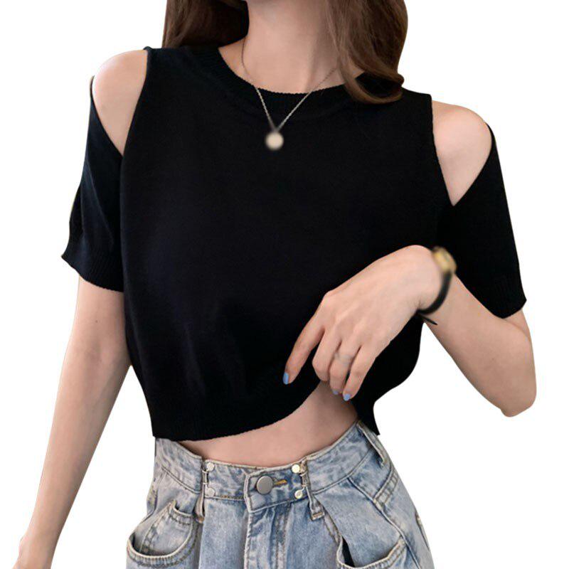

Женская свободная футболка с открытыми плечами, вязаный однотонный простой летний топ с короткими рукавами