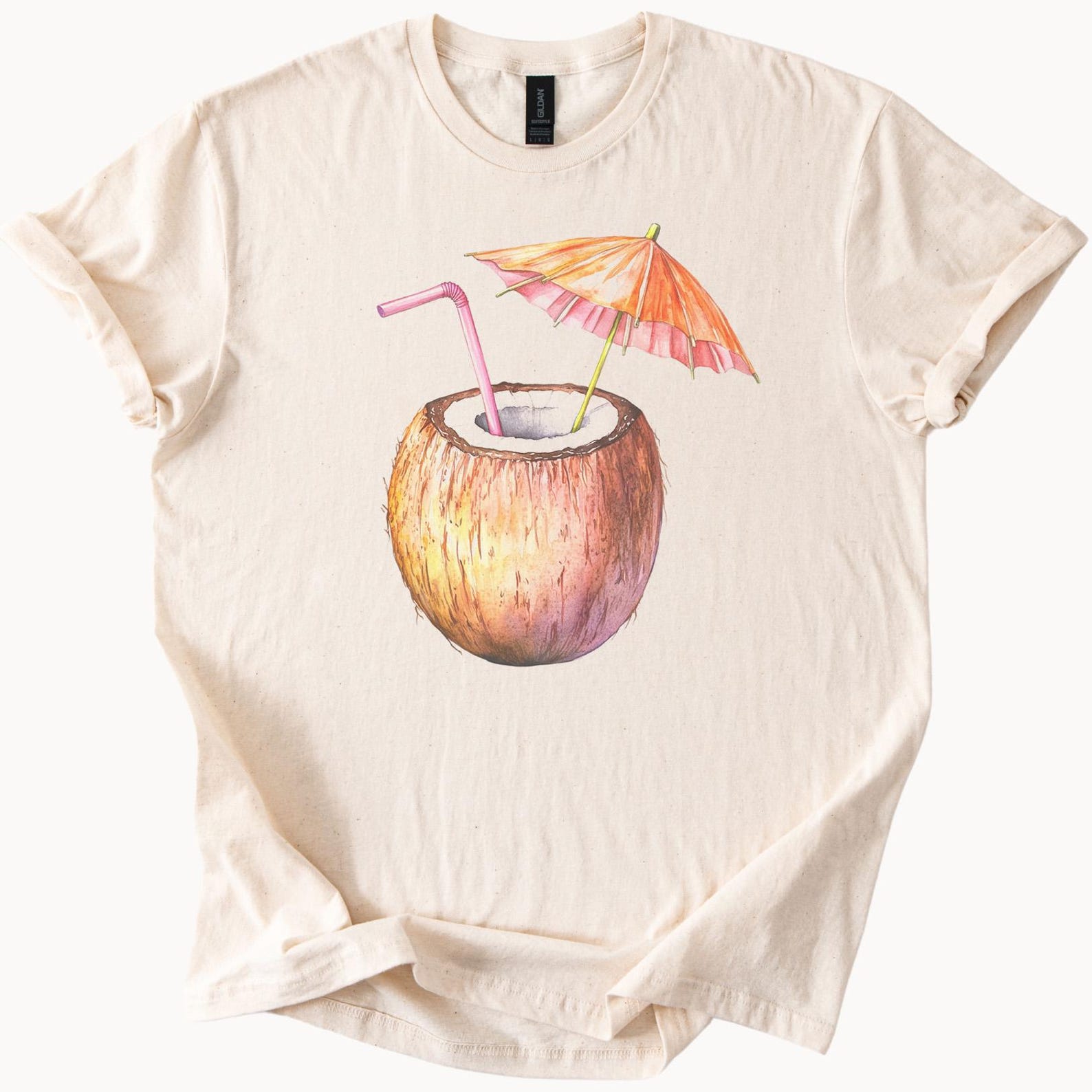 Coconut Drink Graphic T Shirt with Pink Straw and Orange Umbrella Summer Beach Aesthetic Coconut Water Tee Casual Tropical Shirt 100
