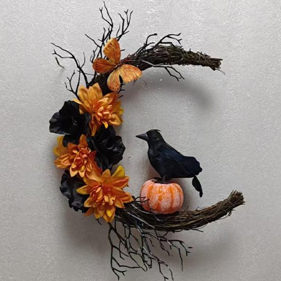 Halloweenský věnec Měsíc Vrána na vchodové dveře Gotický proutěný věnec s umělými květinami Dýně Suché větve pro vnitřní venkovní domácí nástěnnou okenní dekoraci
