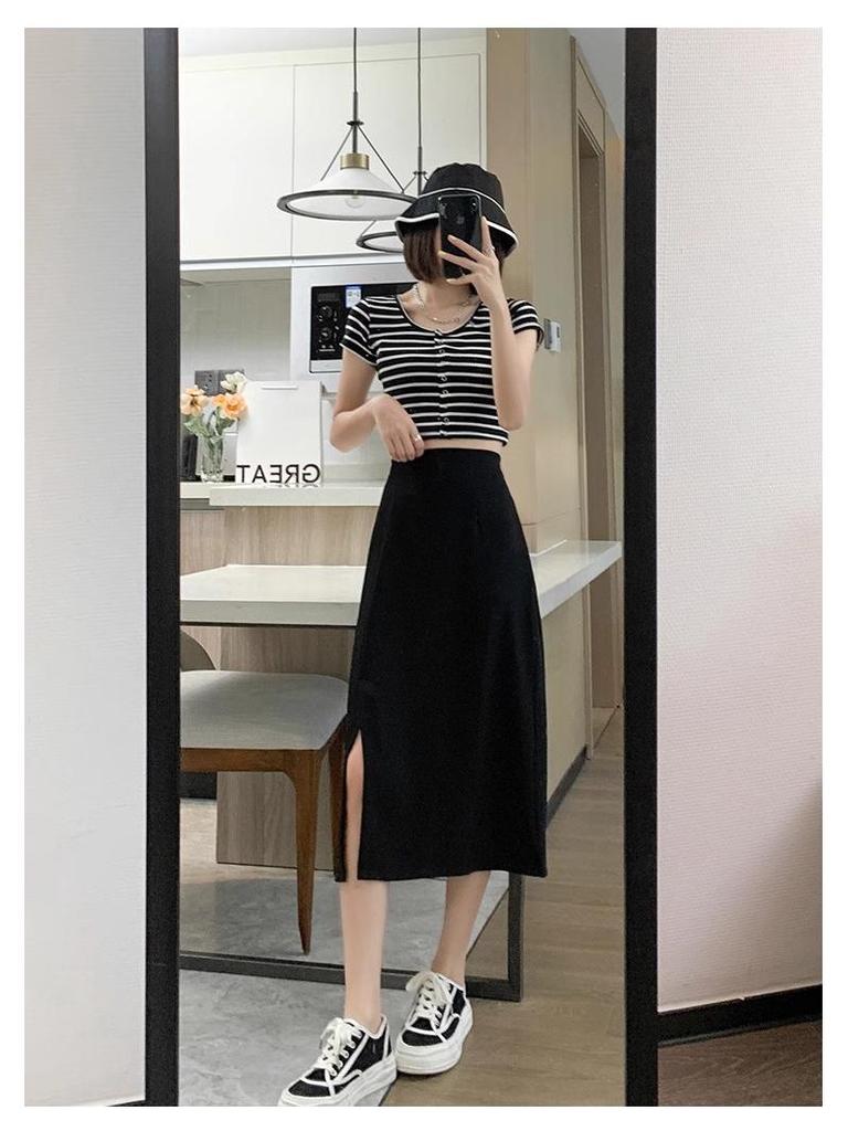 2024 Black A-Line Midi Skirt: High Waist, Slimming, Petite, Versatile for Women - Perfect for Spring/Summer