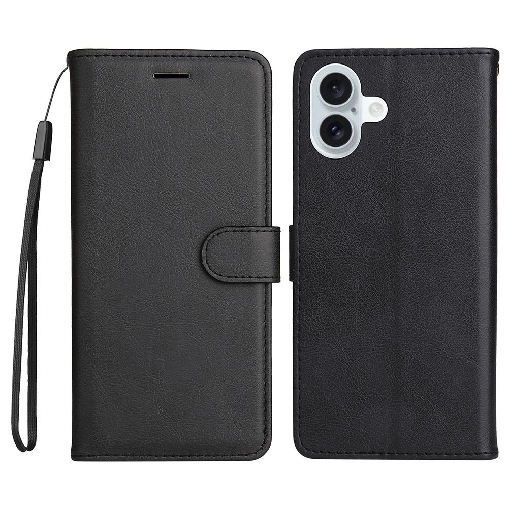 

For iPhone 16 Plus Case Solid Color Leather Mobile Cover Wallet Stand with Strap Black