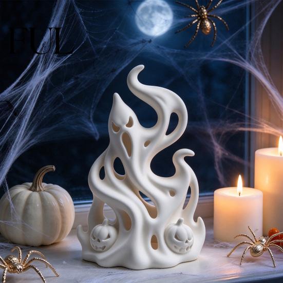 Creative Window Ornament Halloween Flame Ghost Figurine, 3D Printed Spooky Sculpture Fantasy Desktop Accessory with Pumpkins, Abstract Statue