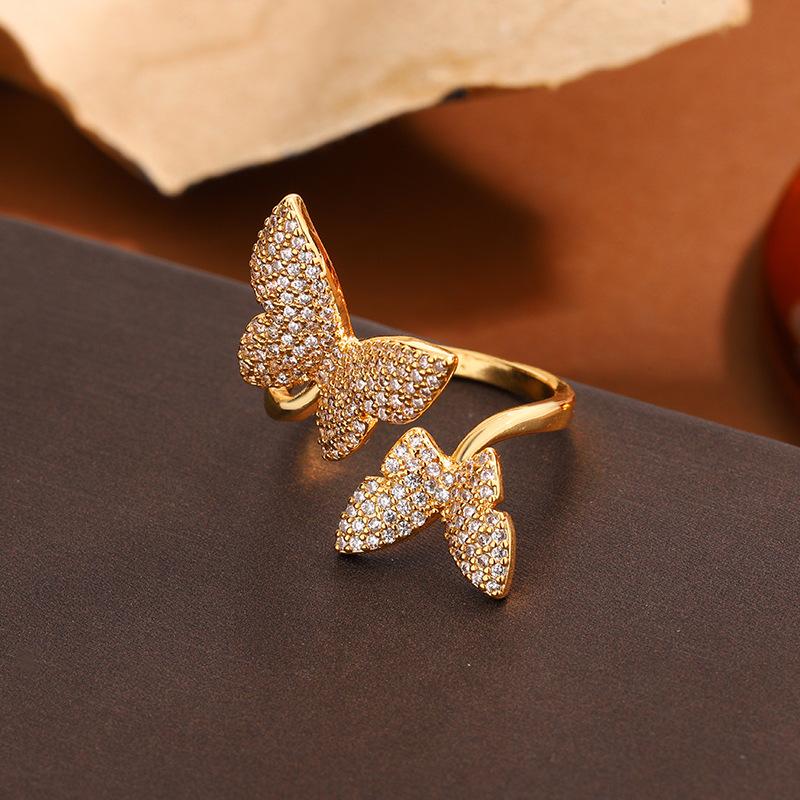 

Роскошное открытое кольцо с бабочкой и кубическим цирконием для женщин – Регулируемое, полностью инкрустированное, сверкающее, модное ювелирное изделие FY-270-1