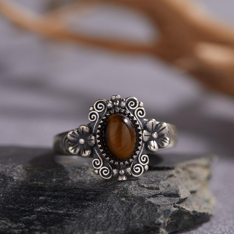 S925 Sterling Silver Inlaid With Natural Tiger Eye Black Gold Label Blue Gold Color Baotai Silver Ring Women'S Retro Personalized Open Ring