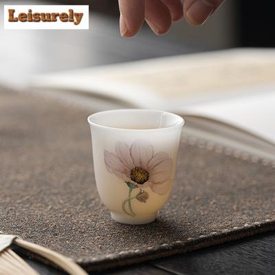 35ml Sheep Fat Jade Porcelain Tea Cup Happiness Flower Master Cup White Jade Mud Smell Fragrant Mug Personal Kung Fu Tea Set