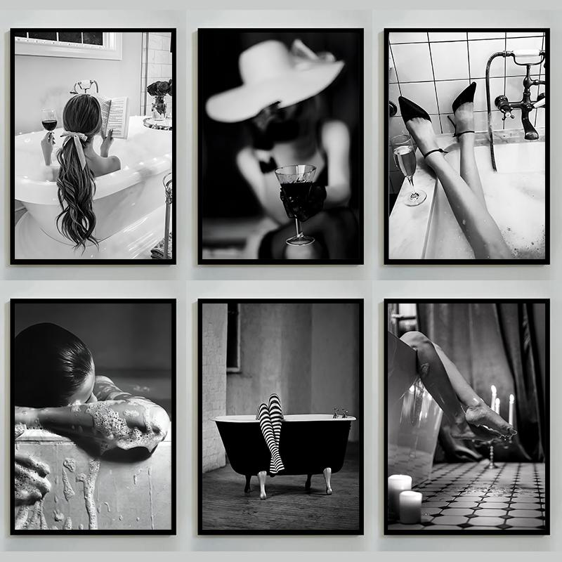 Black and White Girls Bathroom Decor Woman In Bathtub Print Poster Canvas Painting Wall Art for Toilet Fashion Home Decoration
