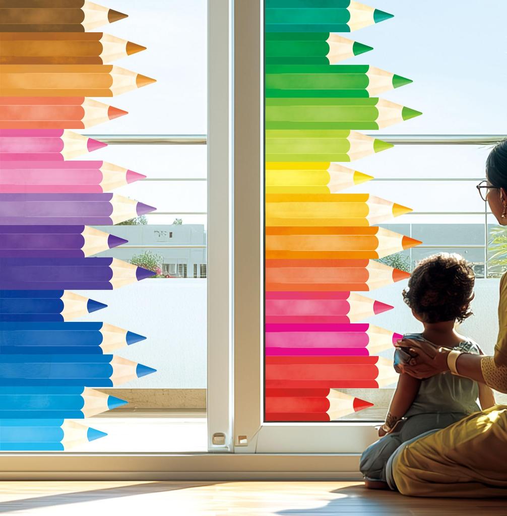 DECOWALL 27-Piece Rainbow Colored Pencil Static Window Stickers, Reusable Waterproof Glass Decals for Kids Room & Home Decor, No Adhesive, DIY Vinyl