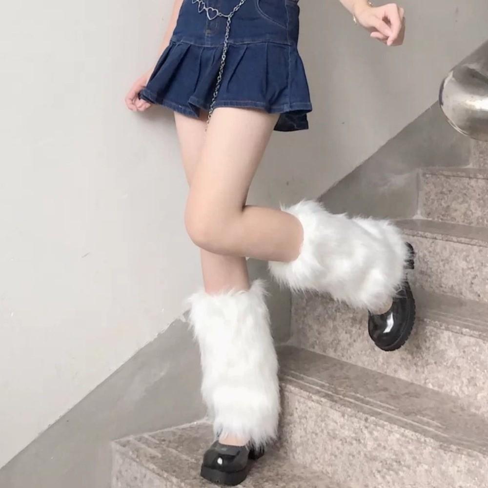 Japanese Style Furry Leg Warmers Faux Fur Knee High Girls Socks Lolita Boots Cover Cosplay Use