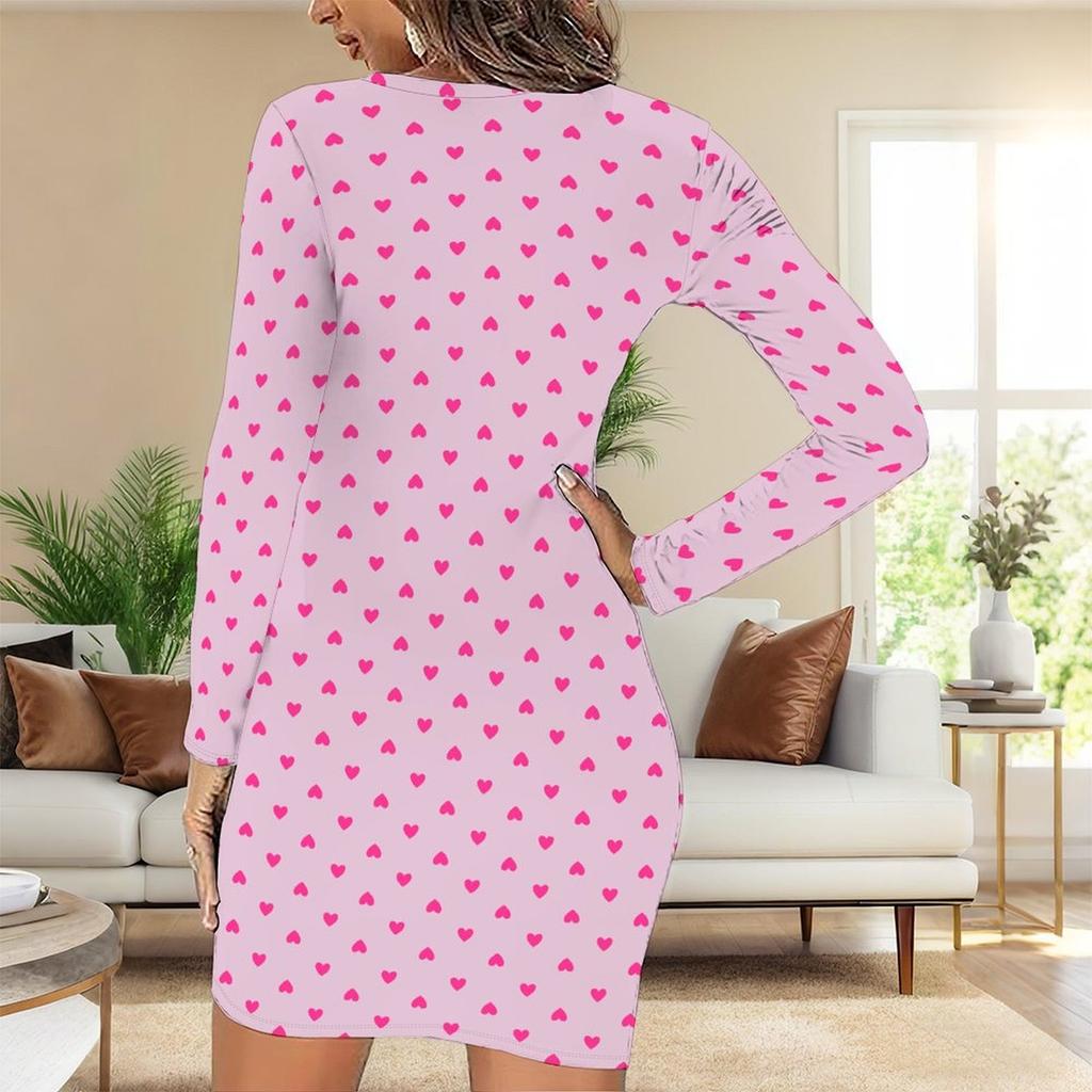 Podzim a zima 2025 Nové dámské módní šaty s 3D potiskem a barvením s motivem srdce, s dlouhým rukávem, kulatým výstřihem, obepínající boky, limitovaná edice ke Dni svatého Valentýna