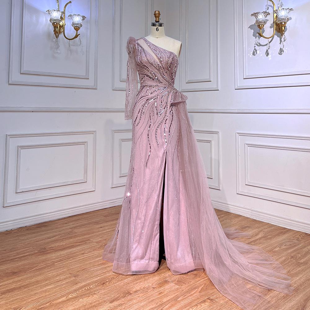 Aqua green single shoulder long sleeve split harpoon tail long dress light luxury temperament celebrity banquet host dress LA11011