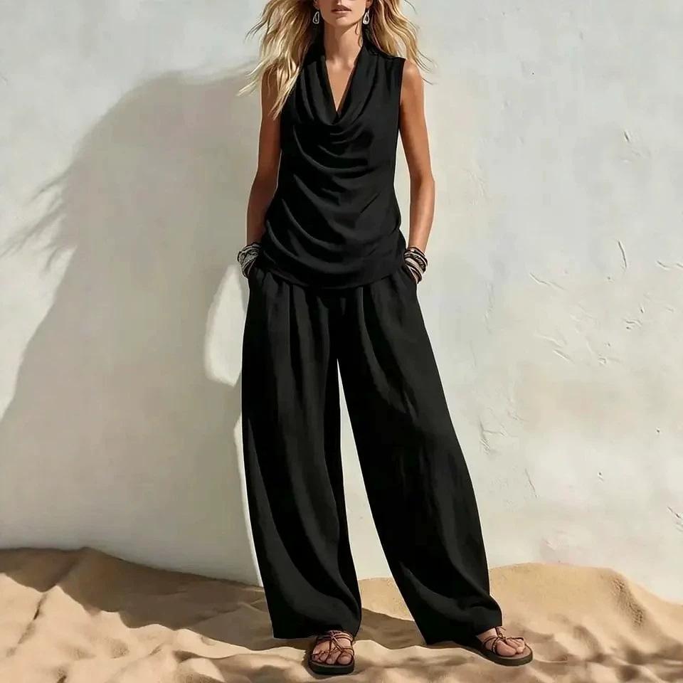 women's Cowl Neck Sleeveless Draped Tank Top High Waist Wide Leg Pants Elegant Casual Two Piece Outfit Tracksuit Set