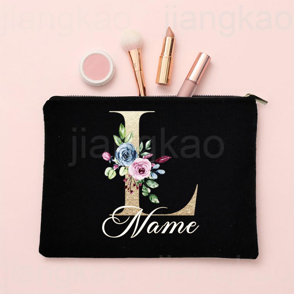 Personalised Letter with Name Makeup Bag Bridal Cosmetic Case Canvas Monogram Toiletry Bags Birthday Wedding Bridesmaid Gifts