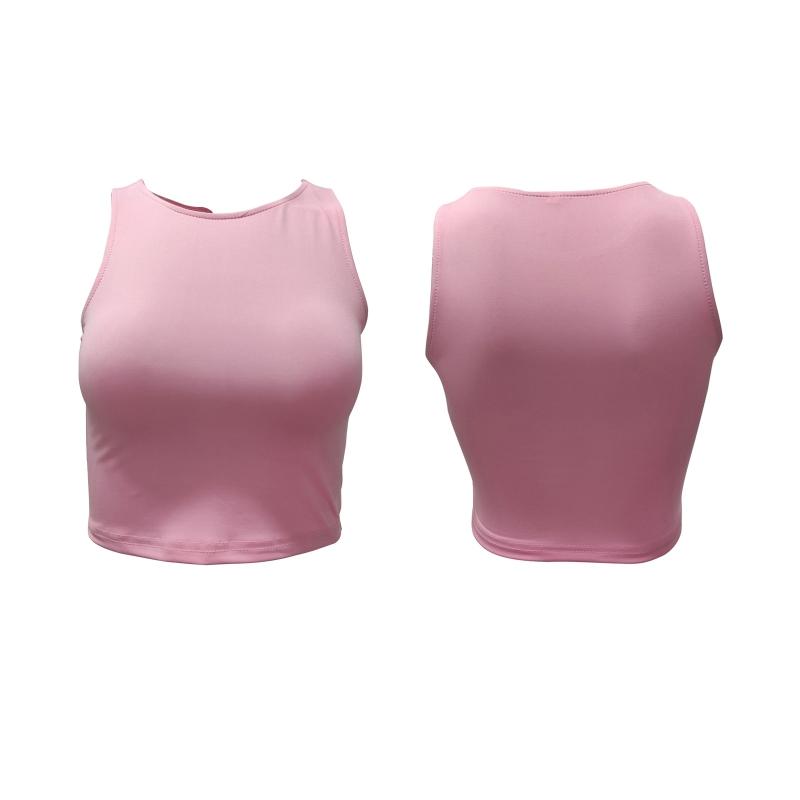 Dámské jednobarevné kulaté výstřihové vesty s ramínky na zádech a odhaleným pupkem