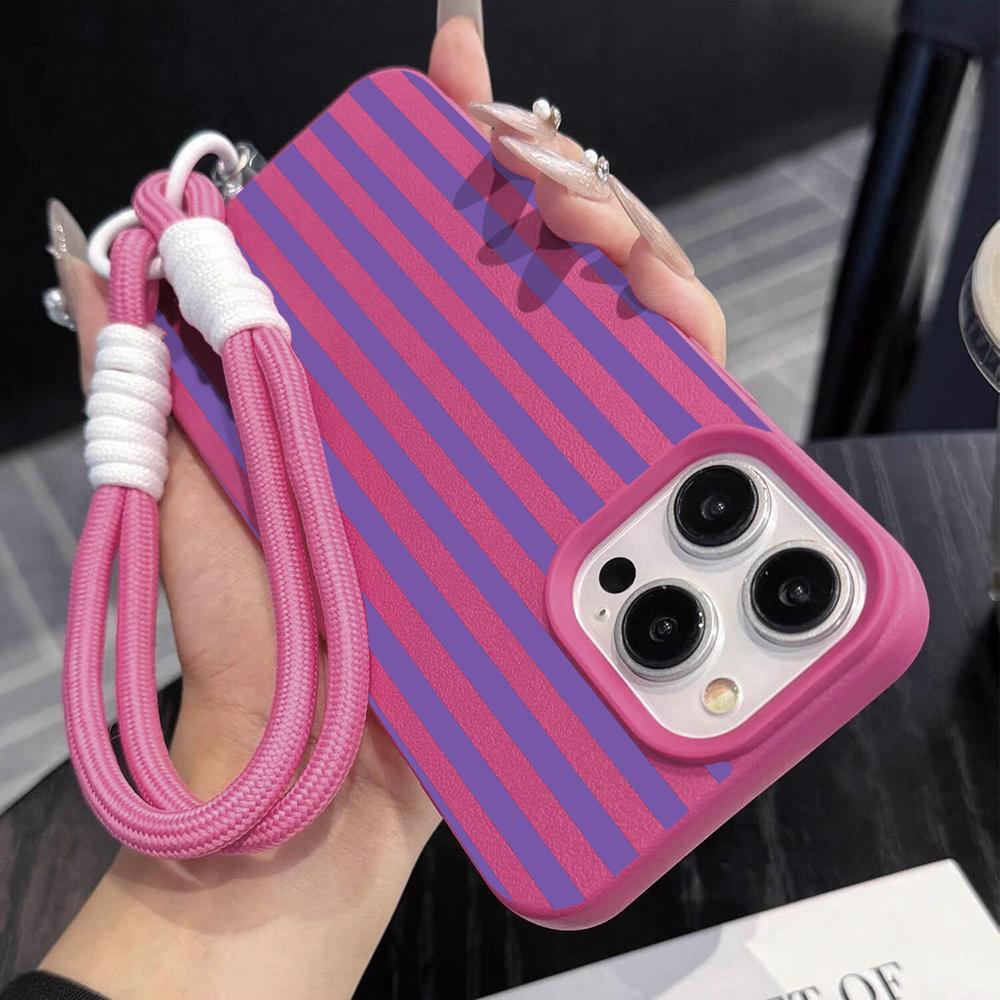 Striped Couple Hand Wrist Strap Case For iPhone 11 12 13 Pro Max Cases iPhone 16 17 14 15 Plus Minimalist INS With Lanyard Cover