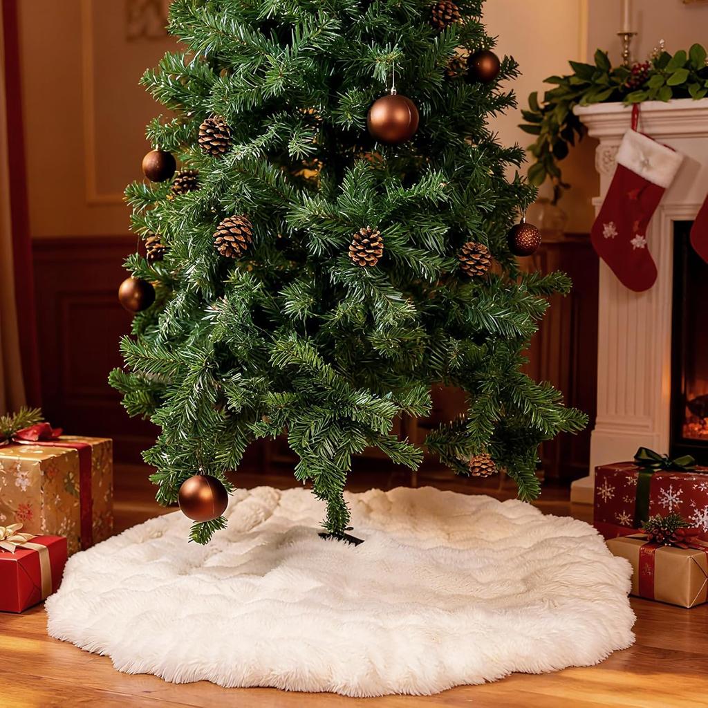 48 Inch Rabbit Fur Christmas Tree Skirt White Plush Skirt for Merry Christmas Party Christmas Tree Decoration