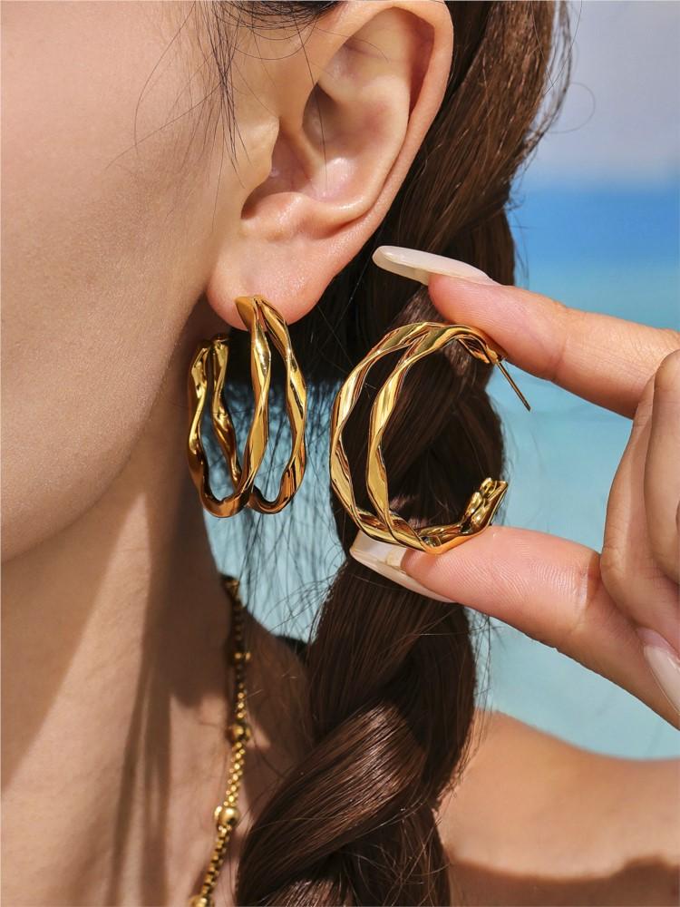 Two-tone Double Layer C-shape Earrings In Stainless Steel 18k Gold Plated Waterproof Non Tarnish Twisted Hoop Earring For Women