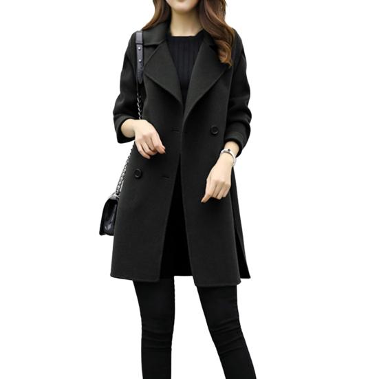 Damen Herbst Winter Einfarbig Revers Zweireihiger Woll-Midi-Trenchcoat