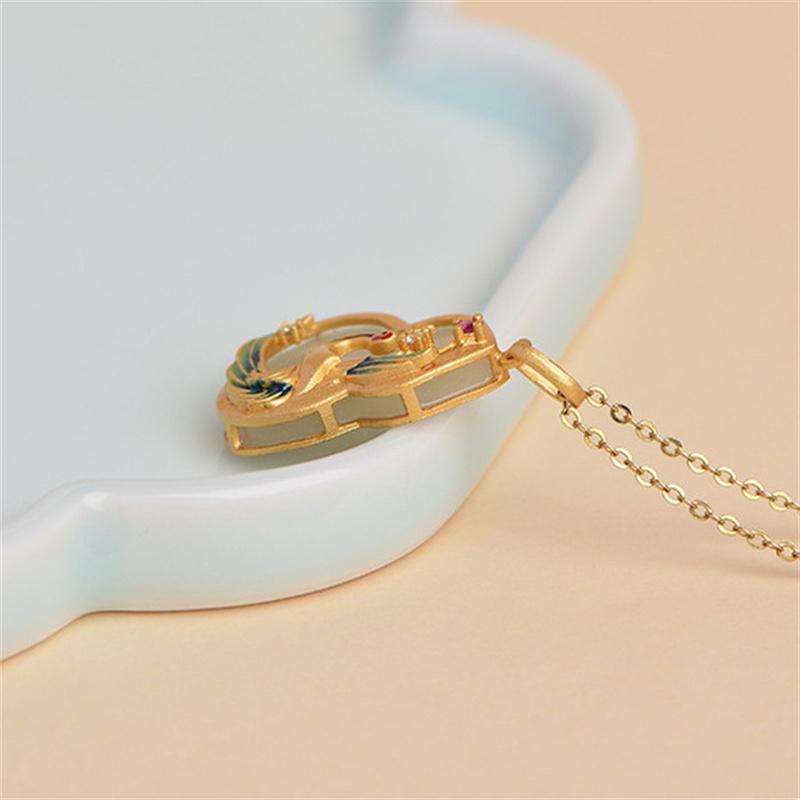 Retro Jade Phoenix Pendant Necklace For Lady Bridal Wedding Accessories Fashion Women Silver 925 Chain Necklace Jewelry Female