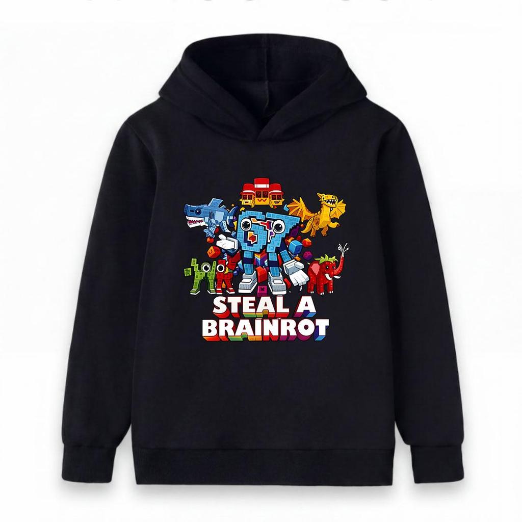 Kids Boys Girls Hoodie Funny Block Cartoon Dinosaur Shark Print Pullover Hooded Sweatshirt Casual Streetwear Steal A Brainrot Theme Long Sleeve Tops F