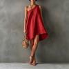 Women Casual Loose Fit One Shoulder Dress Linen Cotton Blend Raw Edge Irregular Hem Summer Beachwear Tunic