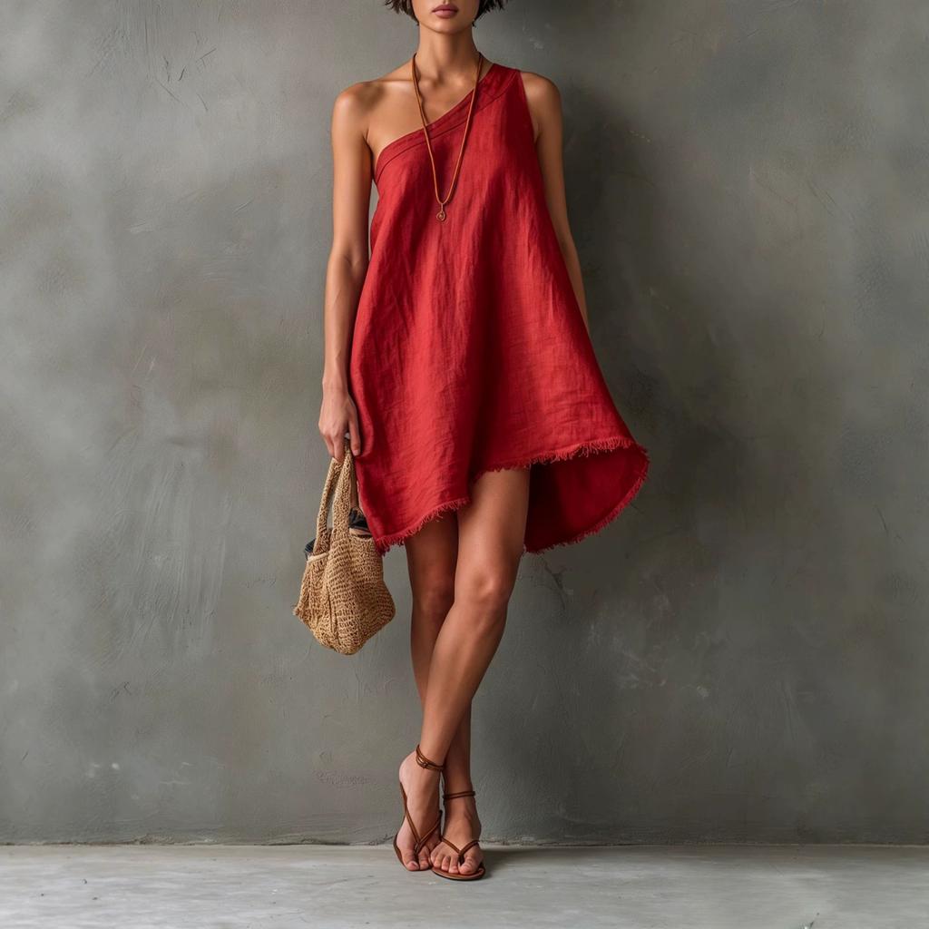 Women Casual Loose Fit One Shoulder Dress Linen Cotton Blend Raw Edge Irregular Hem Summer Beachwear Tunic
