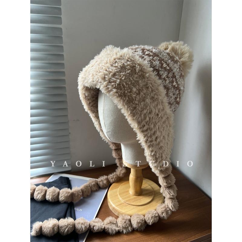 

Winter straps plush ear protection hat winter women s thickened warm knitted hat big head circumference wool hat M（55-59cm） хаки