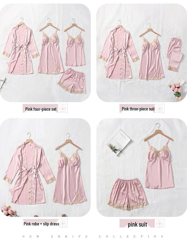 Women's Summer Silk Pajama Set: 5-Piece Long Sleeve, Lace Trim Camisole, Shorts & Pants