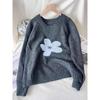 Streamgirl Winter Gray Sweater Flower Women Loose Knit Pullovers Purple Knitwear Vintage Warm Flower