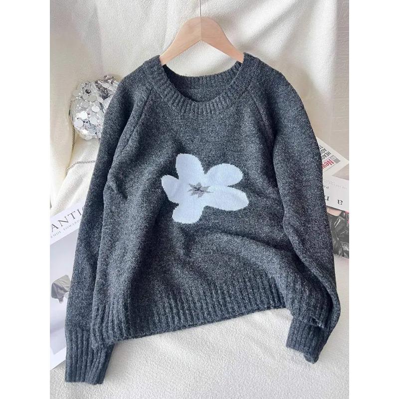 Streamgirl Winter Gray Sweater Flower Women Loose Knit Pullovers Purple Knitwear Vintage Warm Flower