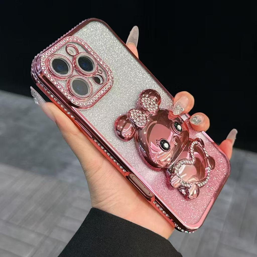 Applicable To IPhone16 ProMax Rhinestone Gradient Mobile Case Diamond Rabbit Stand Apple 15 Flash Powder Anti-fall Cover 14