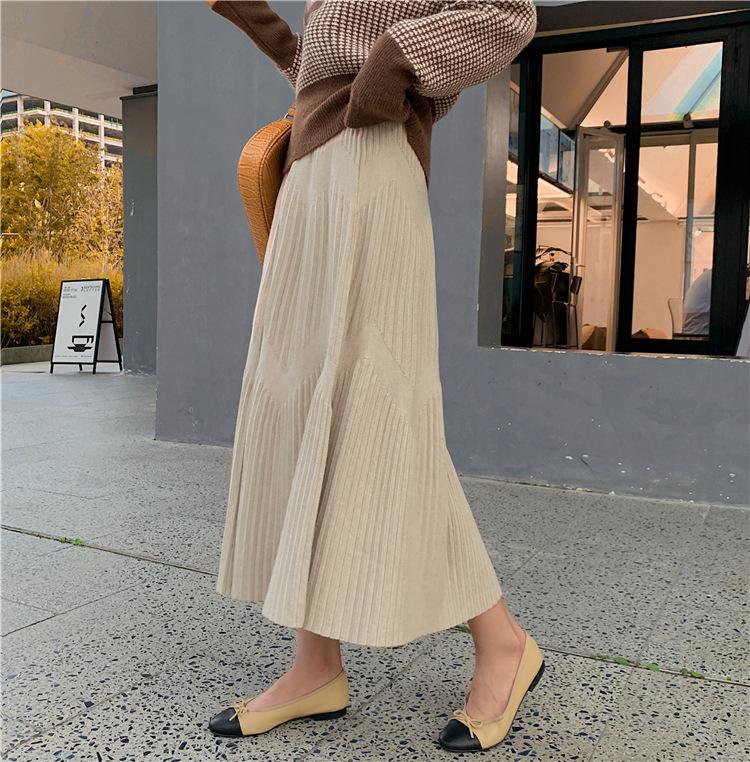 Korean Knitted High Waist Long Skirt for Women Thick Streetwear A-line Skirts Elegant Casual Skirt Autumn Winter