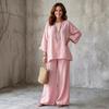 European & American Style Women's Cotton Linen Blend Shirt and Wide Leg Pants Set