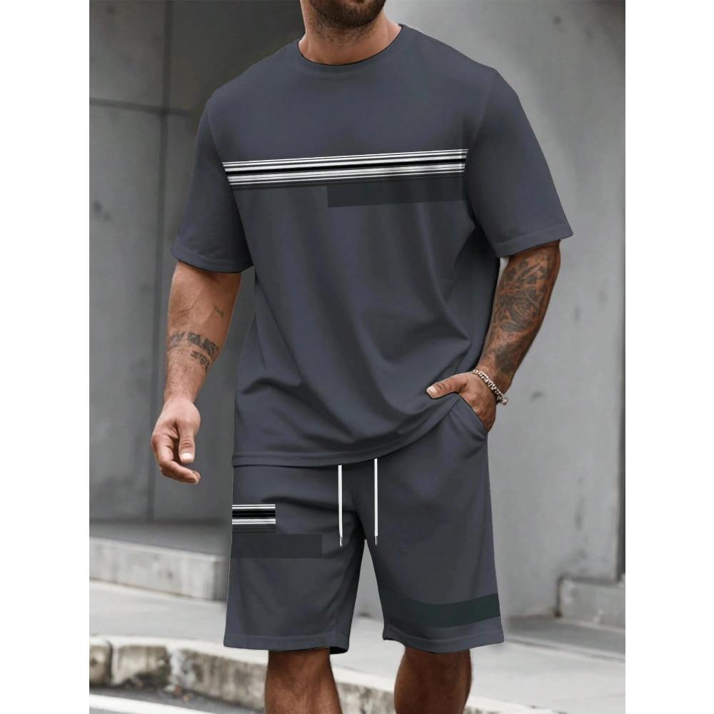 Casual Stripe Printed T-shirt Shorts Comfortable Soft Breathable Summer Sports Large Size Loose Men's Short Sleeve Sport Wear