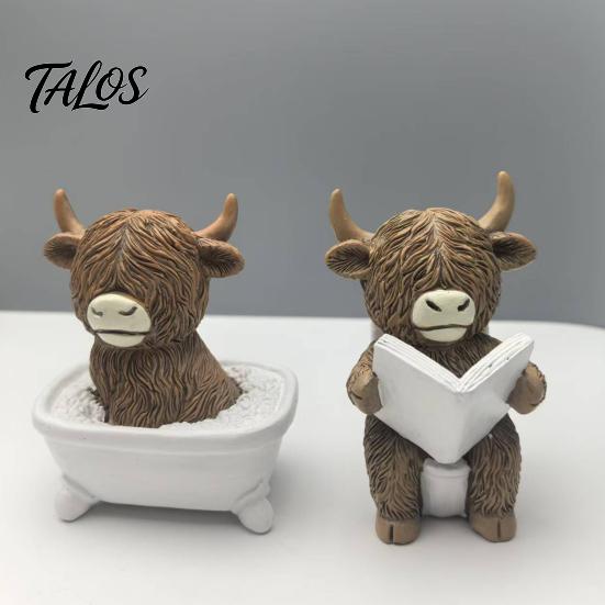 Decorative Cow Statue Highland Bathroom Figurine Funny Scottish Cattle Sitting on Toilet Resin Calf Bedroom Animal Ornament Bathing Sculpture for Home