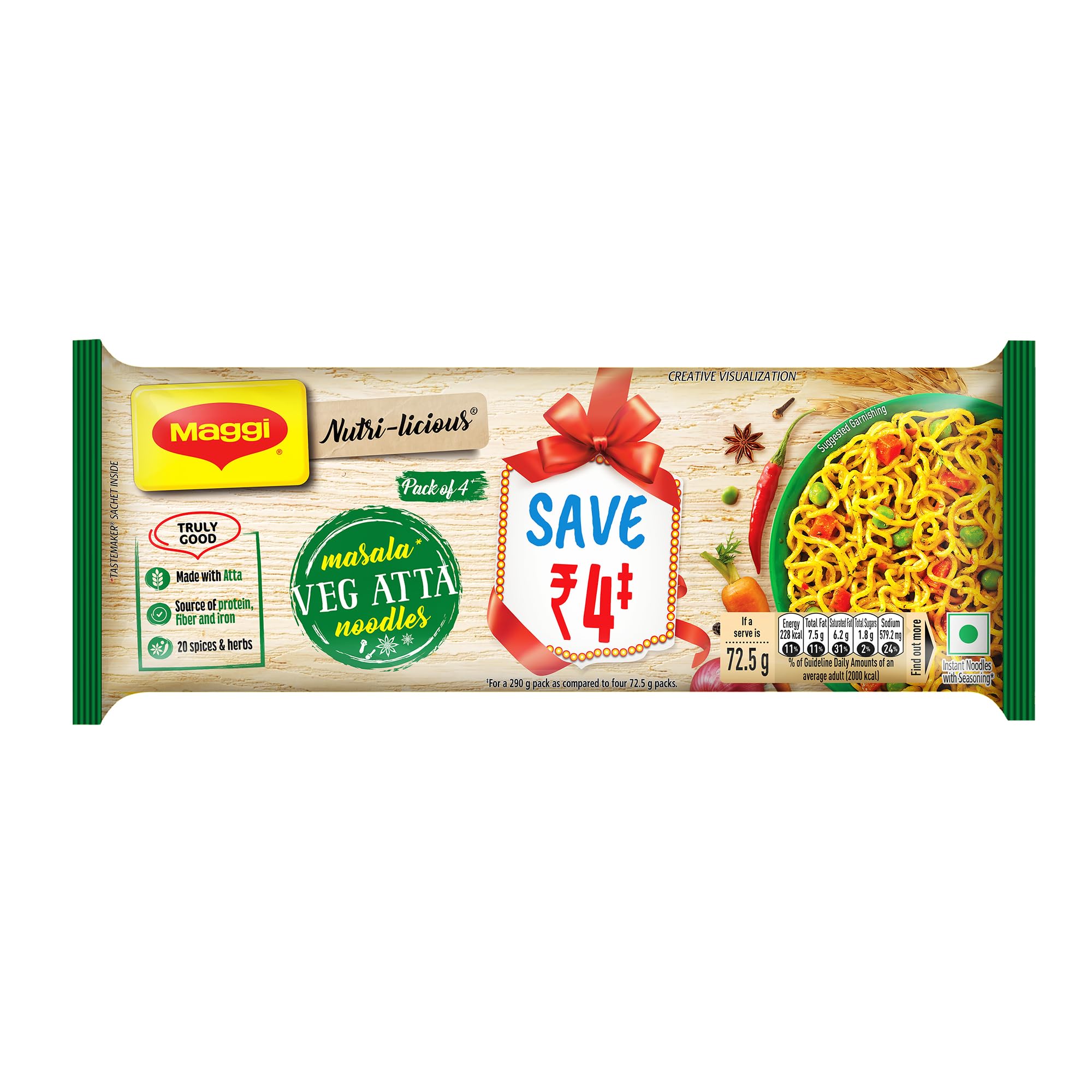 MAGGI Nutri-licious Veg Atta Masala Noodles, Noodles Istantanei con 20 Spezie ed Erbe Aromatiche, Fonte di Fibre e Ferro, Aroma Appetitoso e Delizioso