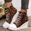 Fashion Leopard Print Wedge Heel Short Boots for Women Fashion Lace Up Platform Ankle Boots Woman Thick Sole Casual High Top Sneakers