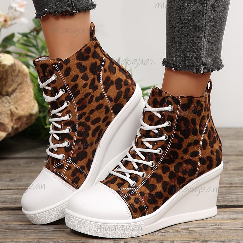 Fashion Leopard Print Wedge Heel Short Boots for Women Fashion Lace Up Platform Ankle Boots Woman Thick Sole Casual High Top Sneakers