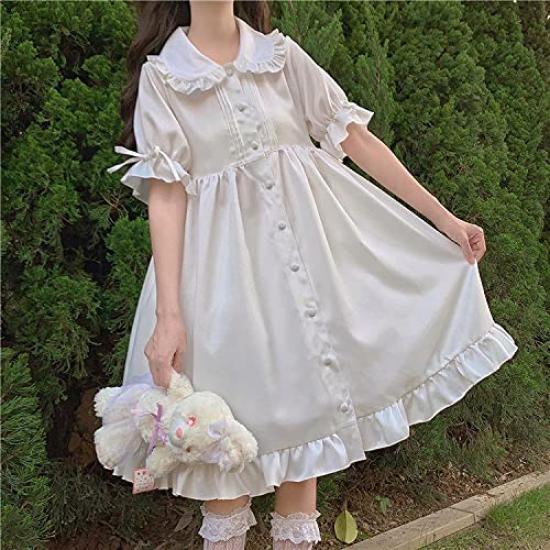 Lady Lazy Lolita Short Sleeve Round White Dress, Collar, Knee-Length, (L)