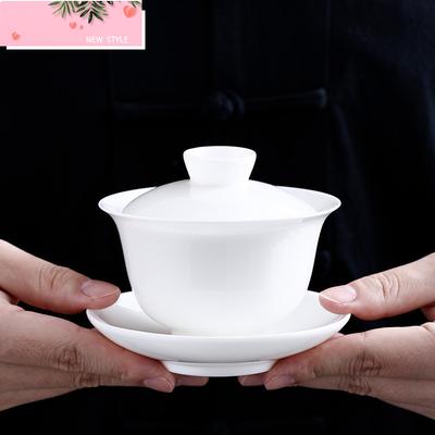 190ml Mutton Fat Jade Three Talents Gaiwan Zen Ceramic Anti-scald Cover Bowl Elegant Tea Tureen Tea Maker Chinese Teaware Craft