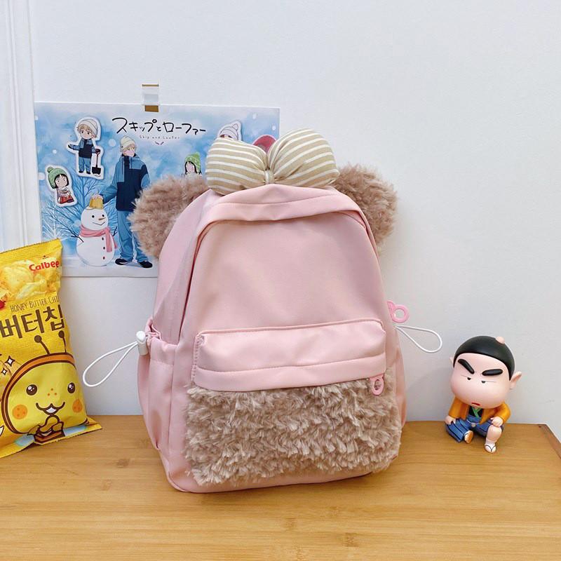 Plush Dog Bowknot Backpack With Zipper Design And Adjustable Shoulder Strap