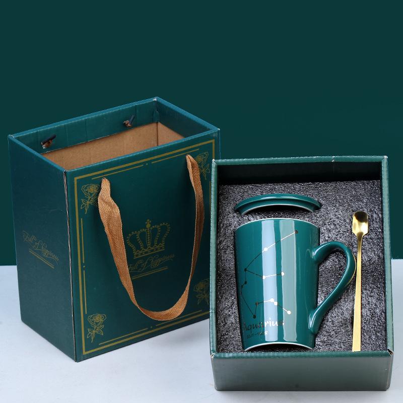Ceramic Coffee Mug, Constellation Drinkware Set with Lid, Gold Spoon, Creative Zodiac Sign Cups, Bithday Gifts for Men & Women