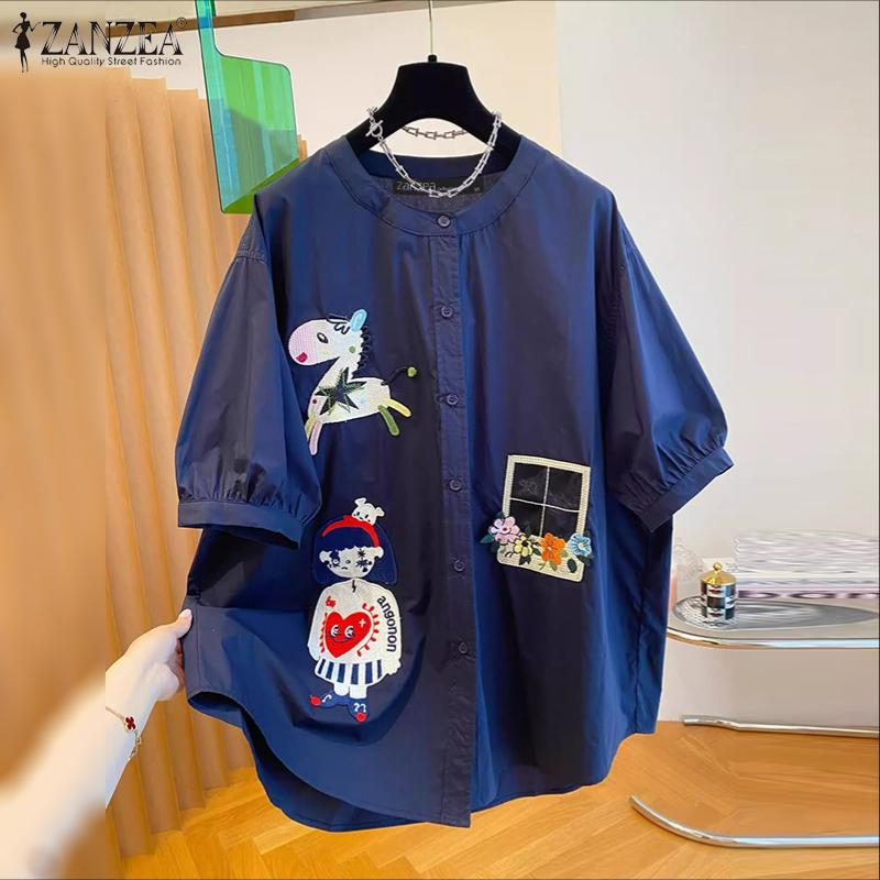 ZANZEA Damen Rundhals Casual Kurzarm Print Bluse