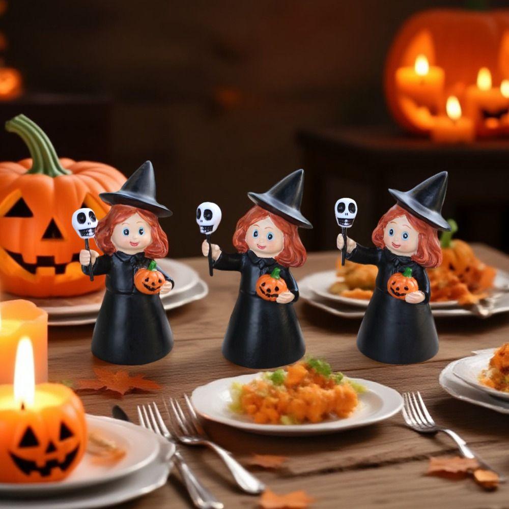 3Pcs Cute Halloween Witch Statue Creative Cartoon Resin Girl Figurines Durable Funny Halloween Witch Ornament Halloween Party