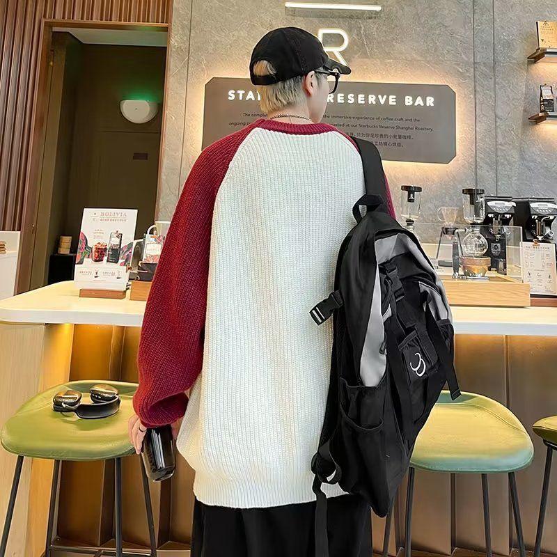 Men’s Retro American Style Raglan Sleeve Color Block Knitwear Jacket
